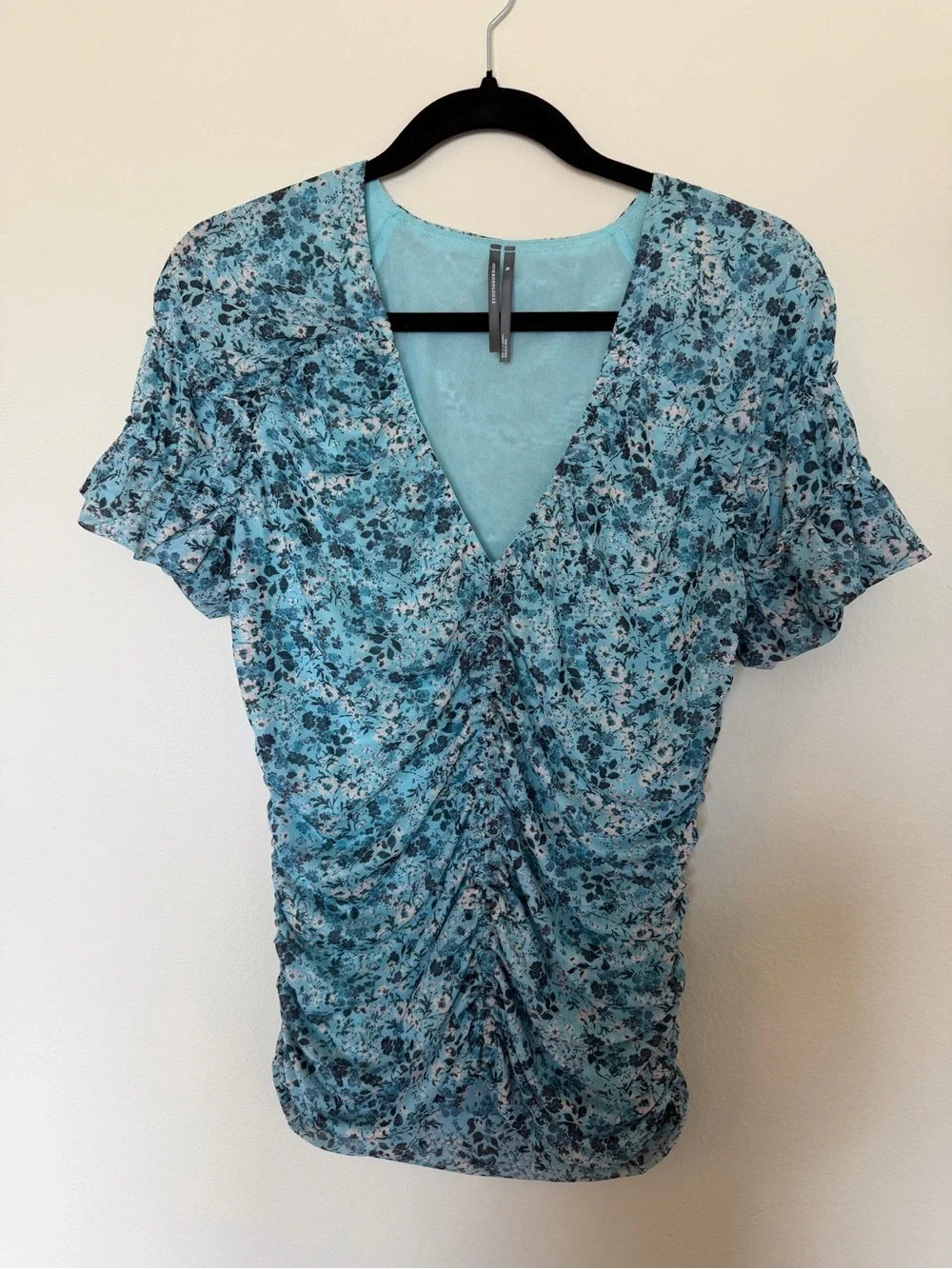 Anthropologie Teal Floral Ruched Mesh Top XL - Picture 1 of 7